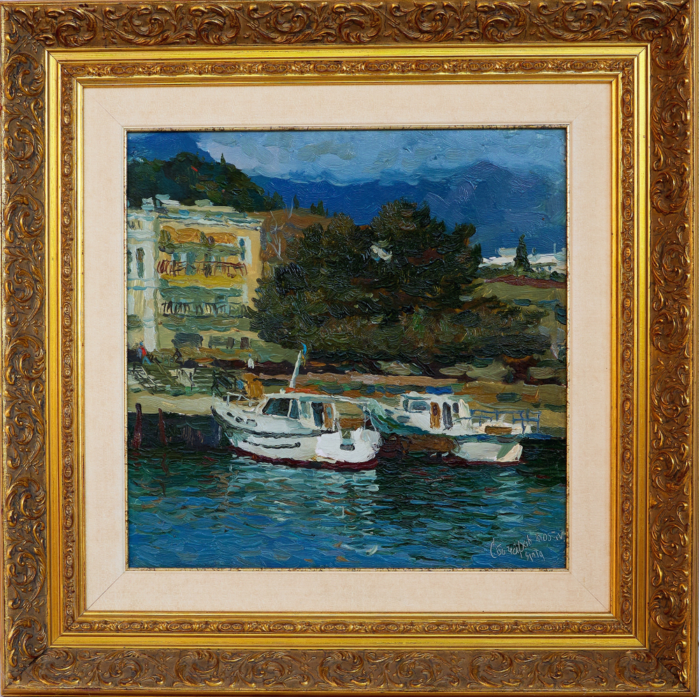 Картина Бочарова С.П. "Ялта.Катера у Марино" картон/масло 35,5х35,5