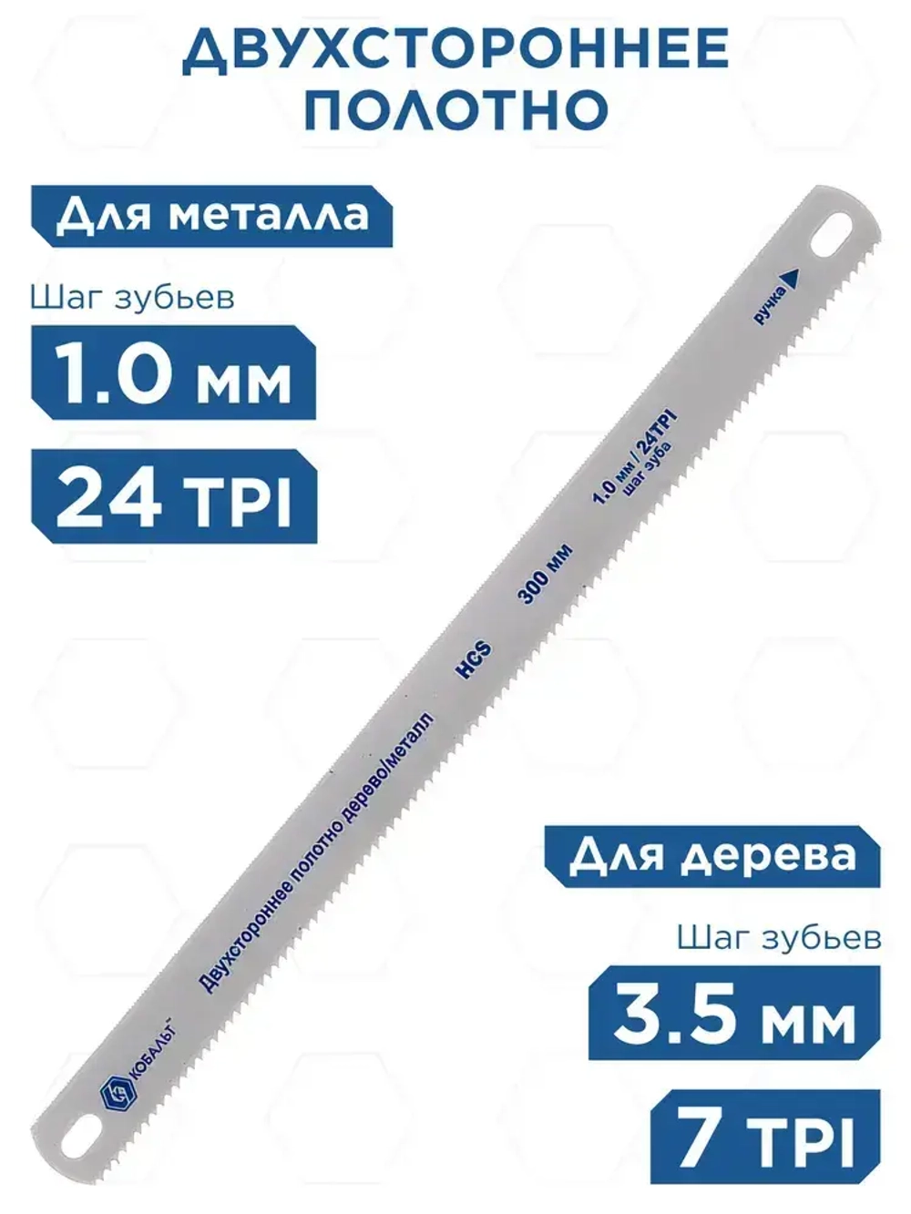 Полотна ножовочные универсальные КОБАЛЬТ 300 мм, двухсторонние, дерево/металл, шаг 1.0 мм