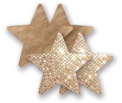 Комплект из 1 пары золотистых пэстис-звездочек с блестками и 1 пары бежевых пэстис-звёздочек  с гладкой поверхностью