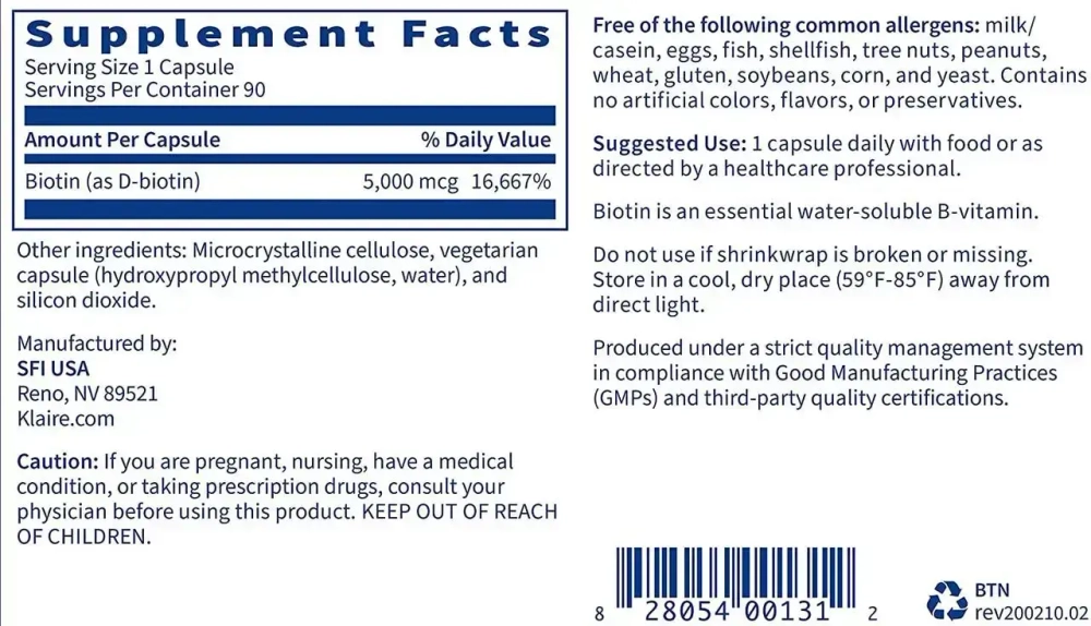 Klaire Labs - Biotin 5000 mcg 90 capsules