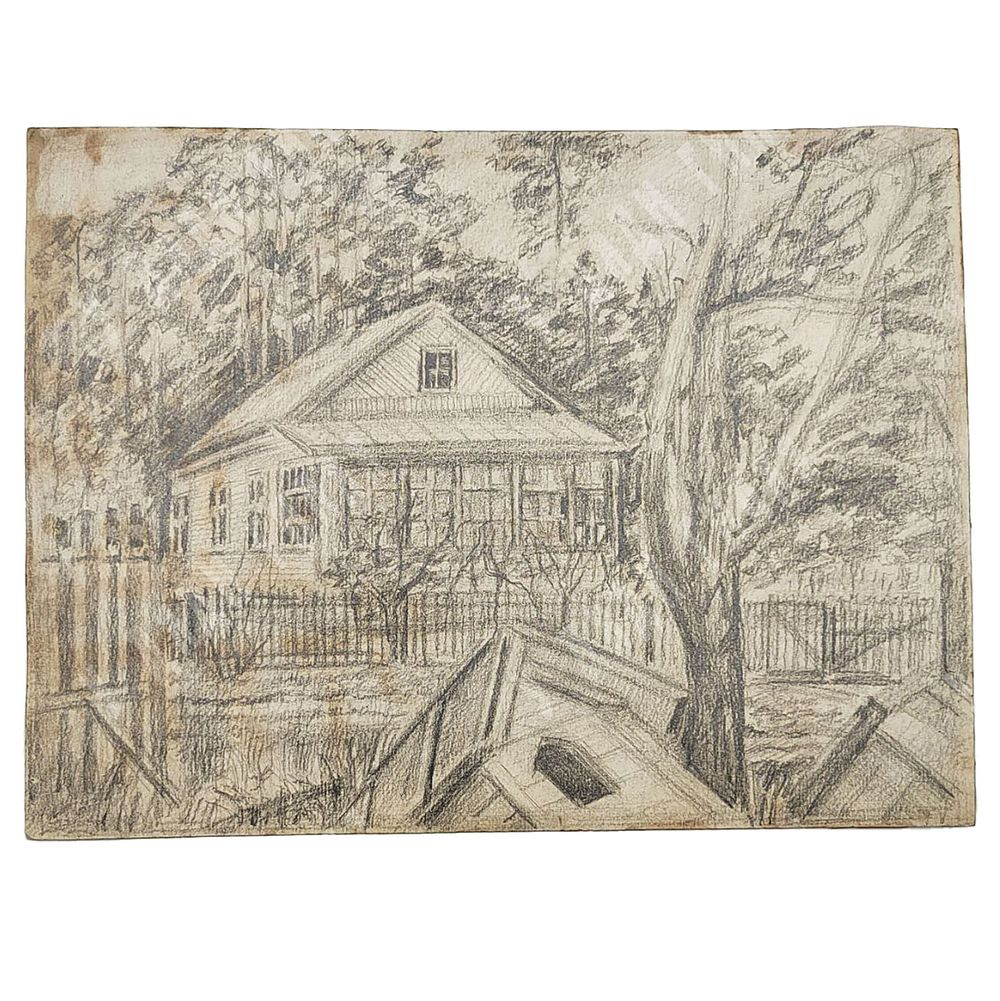 [Двусторонний] Динес Ю. С. Дачный пейзаж / Портрет юноши. Бумага, карандаш. 1940-е