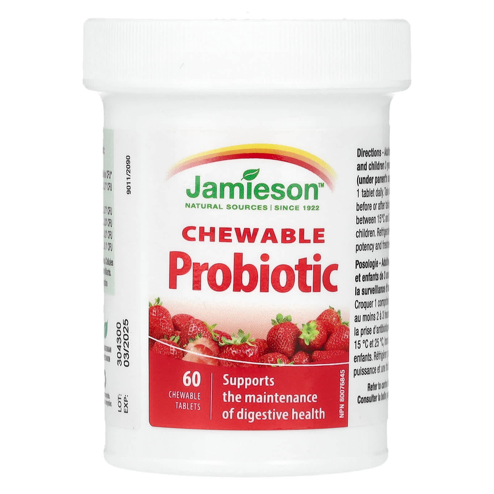 Jamieson Vitamins, Жевательные пробиотики, натуральная клубника, 60 жевательных таблеток