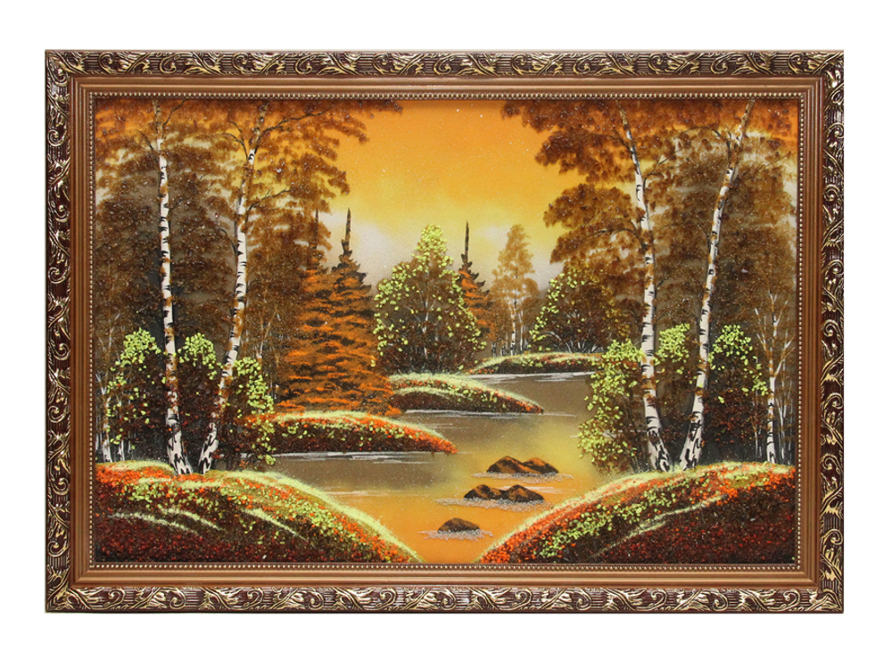 Картина№6" Янтарная осень" рисованная уральскими минералами в деревянном багете 47-67см