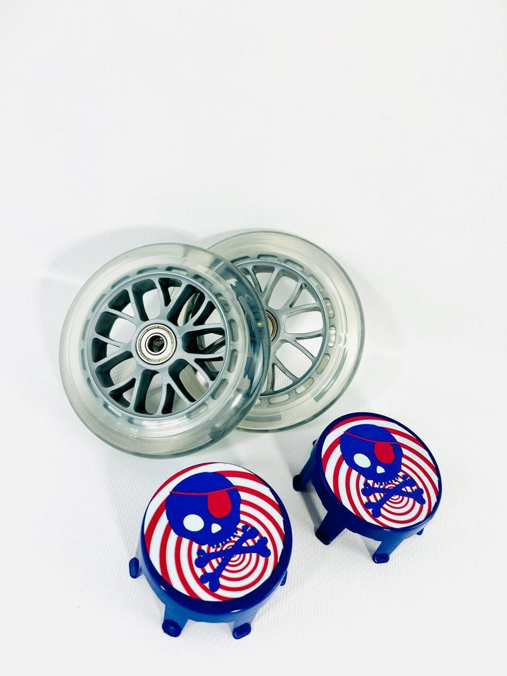 Набор колес 120 мм прозрачное для самоката MINI + накладки на колеса пираты