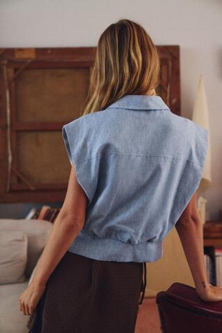 ZARA РУБАШКА БЕЗ РУКАВОВ ИЗ СМЕСОВОГО ЛЬНА, СИНИЙ