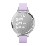 Спортивные часы Garmin Lily 2 Active, силиконовый ремешок цвета «фиолетовый жасмин» Серебристый безель из алюминия, стекло Gorilla Glass. Ремешок с классической застёжкой — на запястье обхватом 110–175 мм