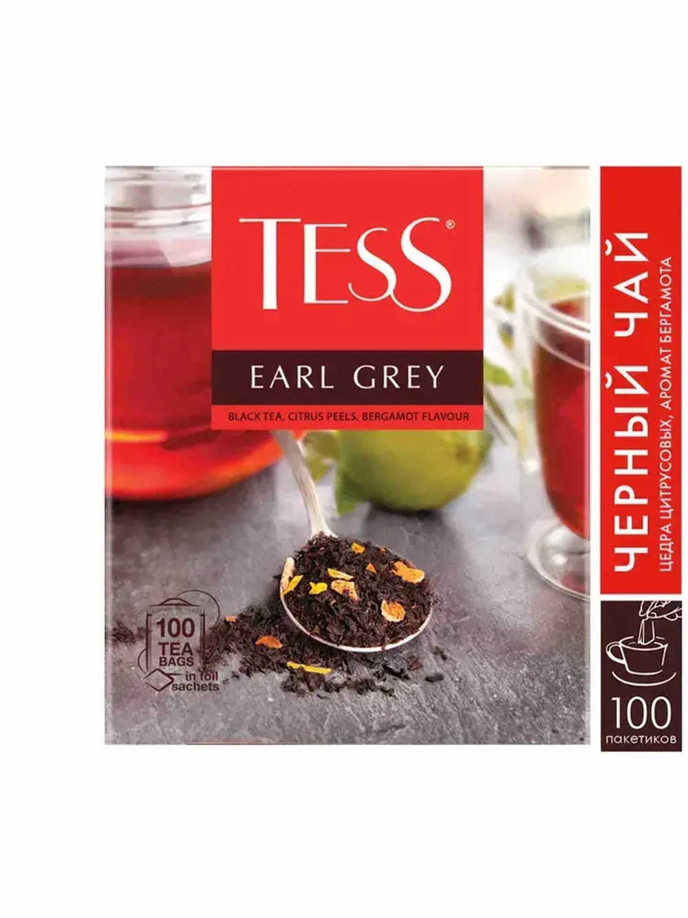 Черный чай Tess с цедрой цитрусовых и ароматом бергамота Earl Grey в пакетиках, 100 шт