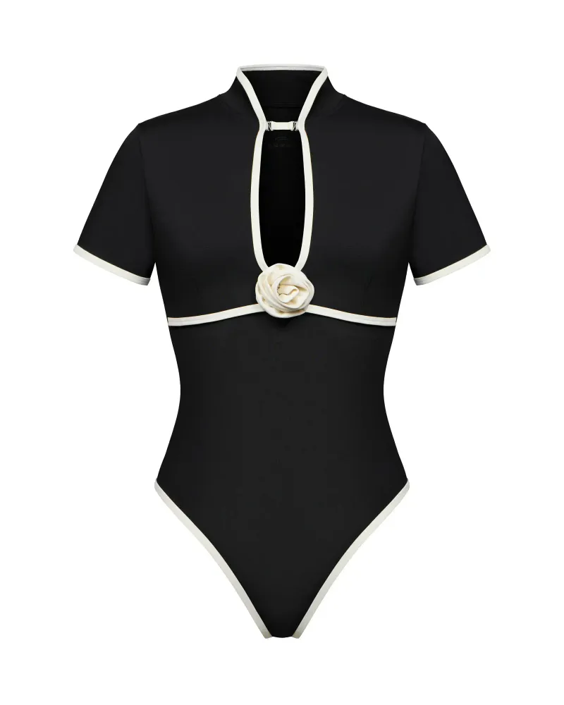 Sakura, купальник слитный из черного бифлекса, с розой
