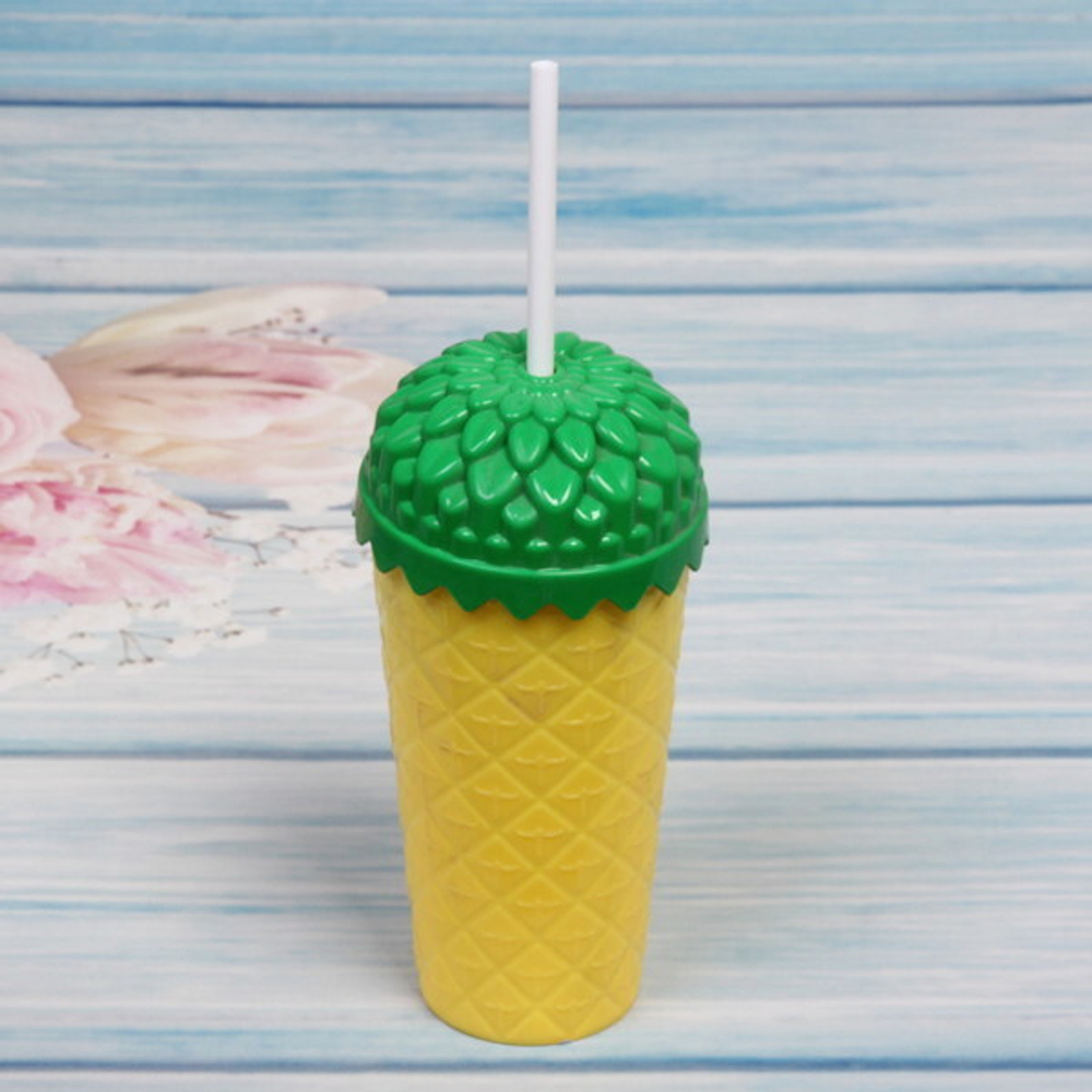 Стакан пластиковый 400мл «Ананас» с трубочкой