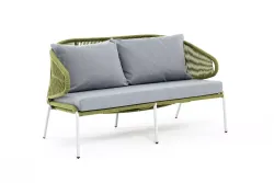 "Милан" диван 2-местный плетеный из роупа, каркас алюминий светло-серый (RAL7035) шагрень, роуп салатовый меланж круглый, ткань светло-серая