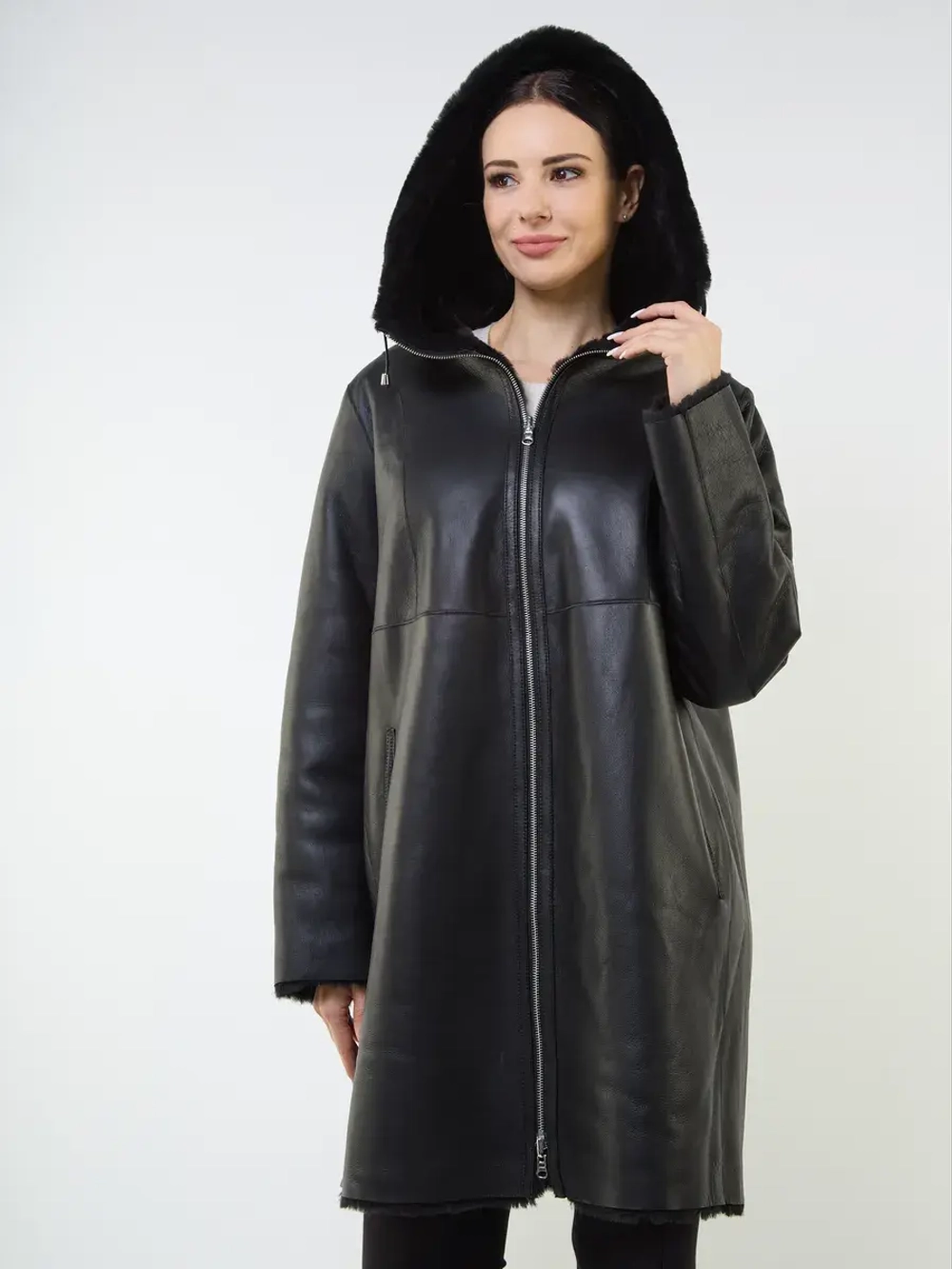 Дубленка зимняя двухсторонняя шуба с капюшоном