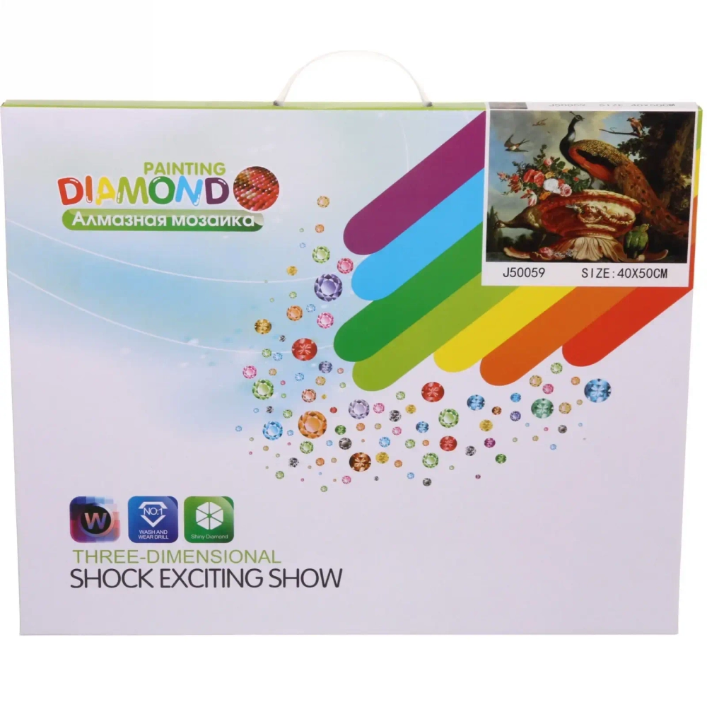 Алмазная мозаика 40*50см «Павлин» с полным заполнением, напечатанной рамкой, на деревянном подрамнике J50059