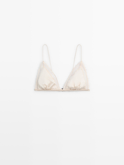 Massimo Dutti Бралетт с треугольными чашками из шелка и кружевом, натуральный/кремовый