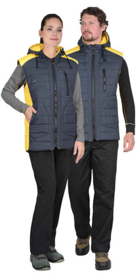 Жилет утепленный с капюшоном «УРБАН» сине-серый с желтым