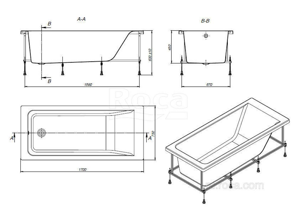 Акриловая ванна Roca Easy 170x75 прямоугольная белая ZRU9302899