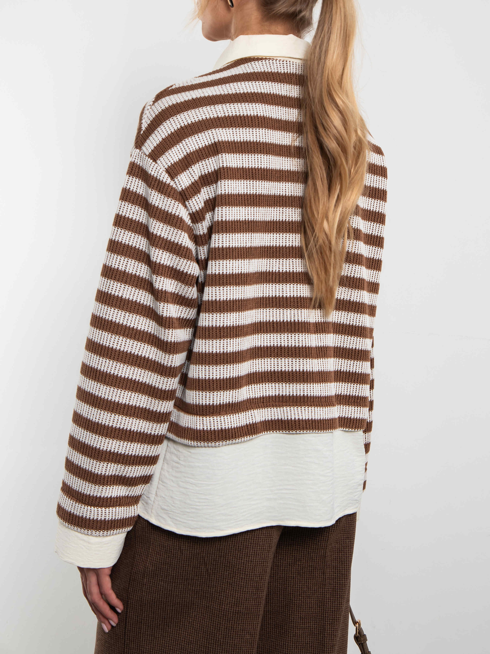 Свитшот-поло с имитацией рубашки (Коричневый/молочный)