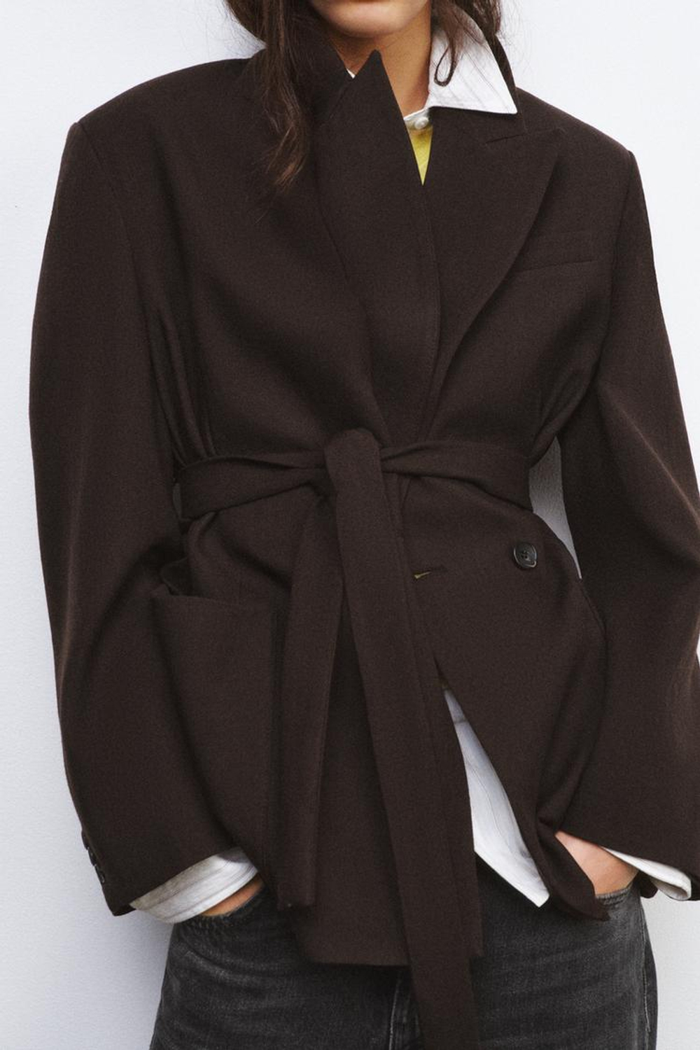 ZARA БЛЕЙЗЕР ИЗ 100% ШЕРСТИ С ПОЯСОМ — ZW COLLECTION LIMITED EDITION, ОТТЕНКИ КОРИЧНЕВОГО