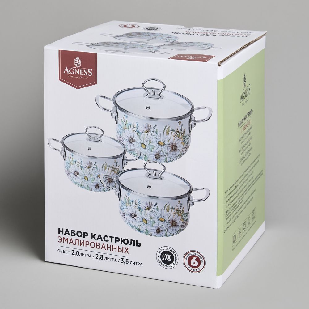 НАБОР КАСТРЮЛЬ AGNESS ЭМАЛИРОВАННЫХ СЕРИЯ "ДВОРЦОВЫЙ ПАРК", 6ПР. 2,0/2,8/3,6Л,18Х11/20Х12/22Х13СМ