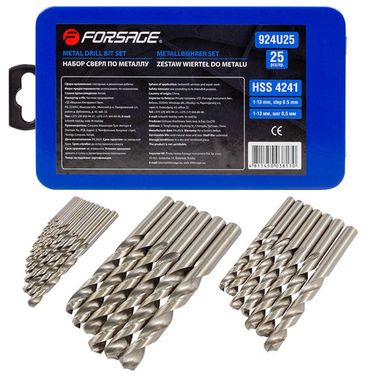 Набор сверл по металлу HSS 4241,25пр(1-13мм, шаг 0.5мм), в метал. футляре Forsage F-924U25