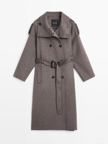 Massimo Dutti Длинный тренч из смесовой шерсти с поясом, свинцовый