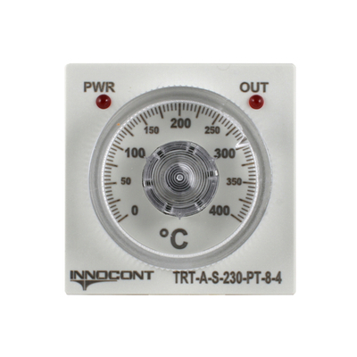 Температурный контроллер INNOCONT TRT-A-S-230-PT-8-4 с аналоговым управлением, 48х48х82 мм,вход Pt100, 0...400C, выход реле, ON/OFF, 230VAC, электросоединение под розетку 8pin