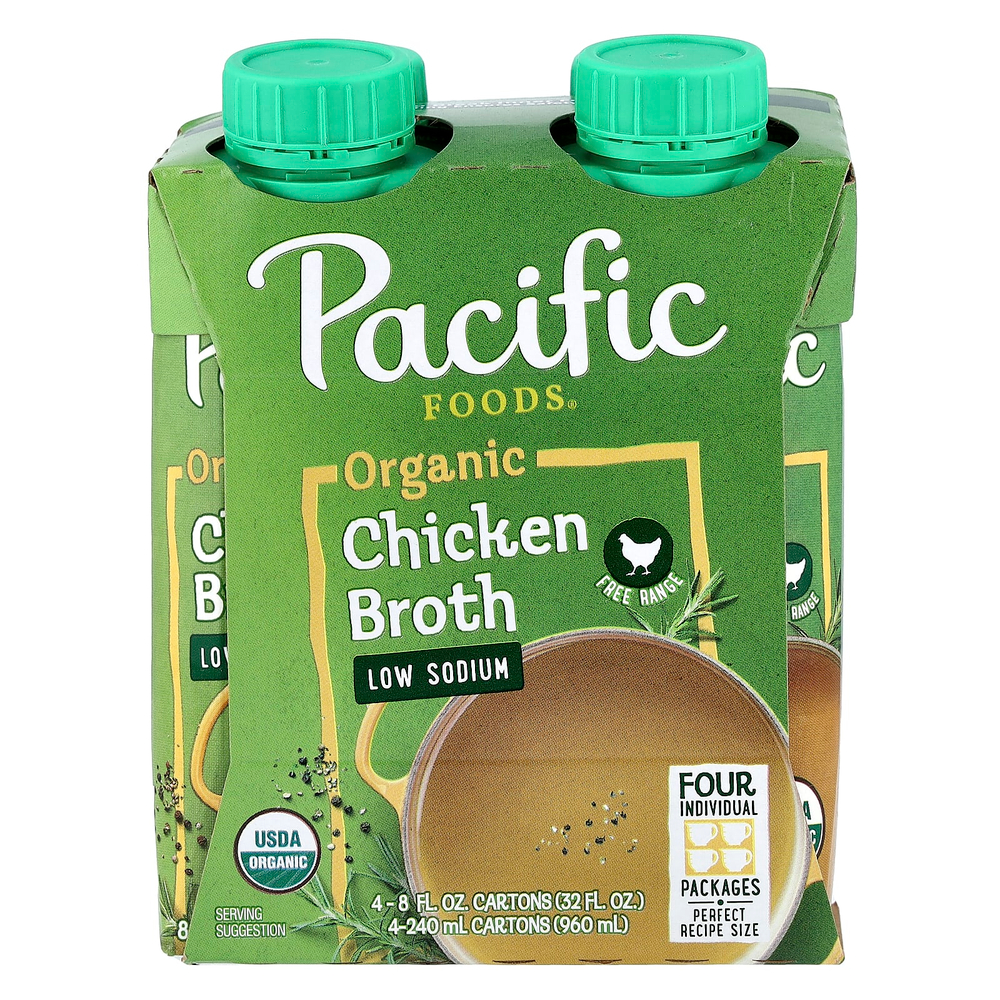 Pacific Foods, органический куриный бульон из курицы, с низким содержанием натрия, 4 картонных упаковки по 240 мл (8 жидк. унций)