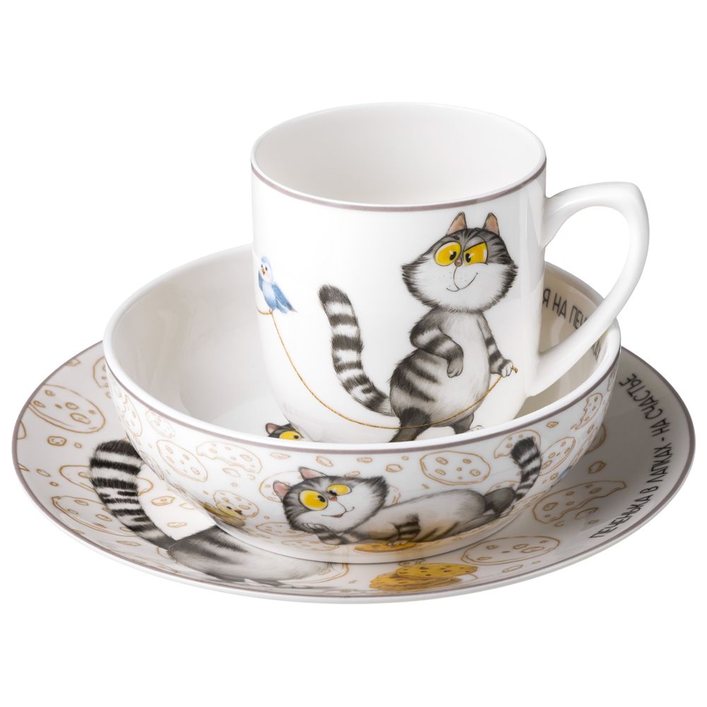 НАБОР ПОСУДЫ LEFARD "СЧАСТЬЕ ЕСТЬ" 3 ПР.: КРУЖКА 400 МЛ, ТАРЕЛКА 20,5 СМ, САЛАТНИК 15,5*5 СМ 600 МЛ