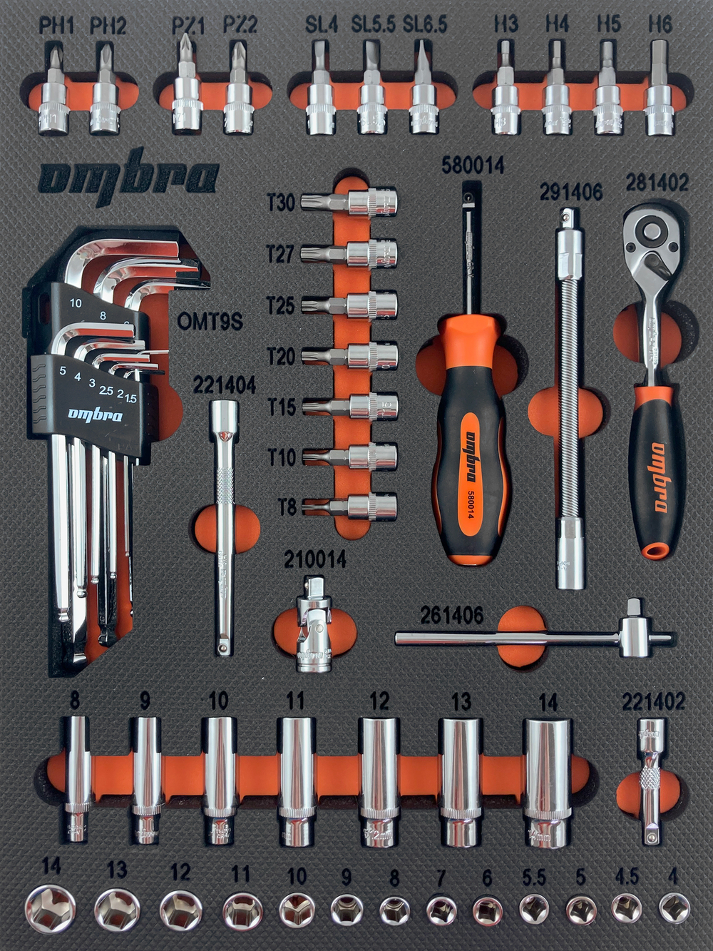 Набор головок торцевых 1/4"DR 41730 мм с аксессуарами в EVA ложементе 280х375 мм, 54 предмета Ombra OMT54STE