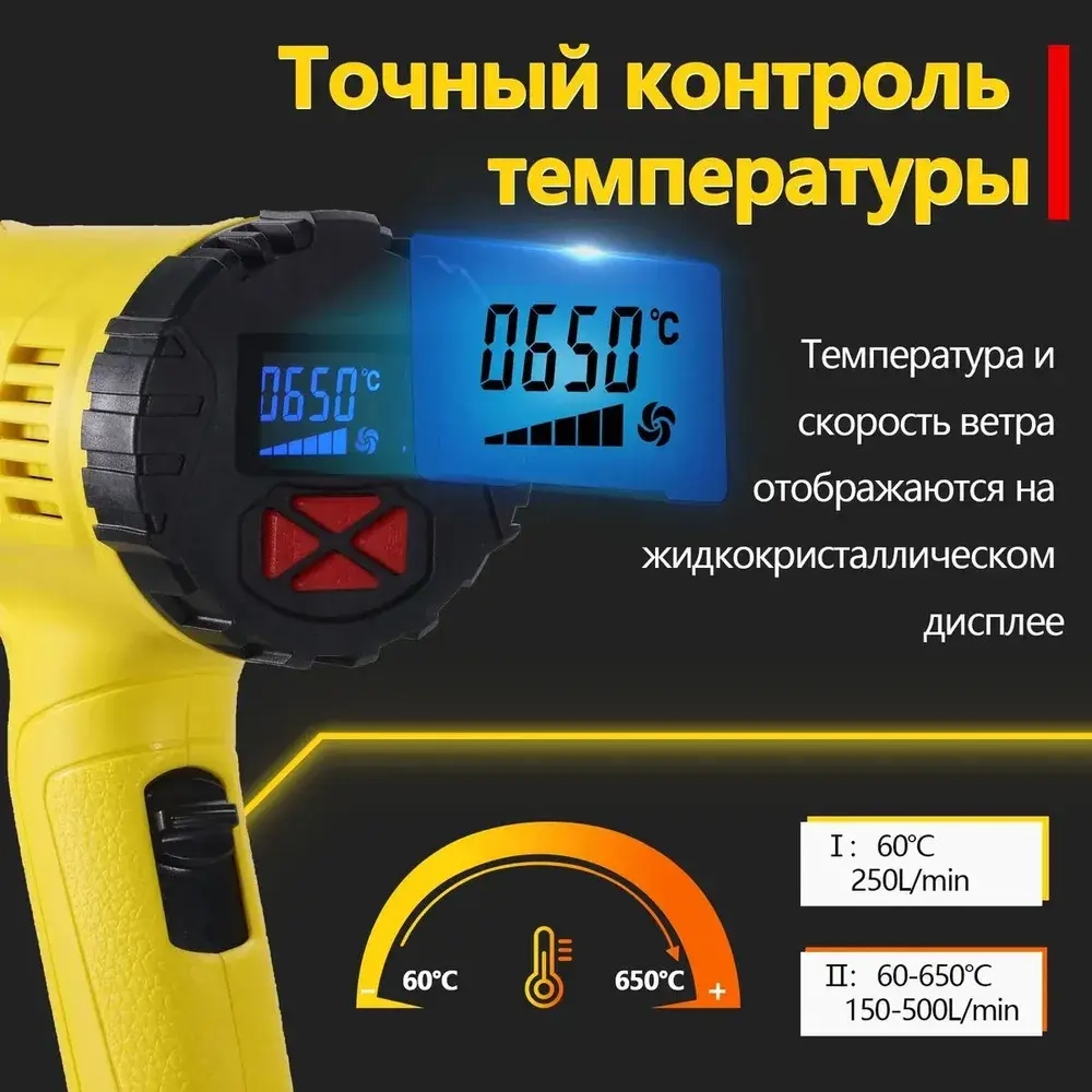 фен строительный HOOMOTEK 2000 Вт с Дисплеем, Регулировкой Температуры 60-650 C, 3 Сопла - Идеален для Пайки, Удаления Краски, Ремонта строительный фен.