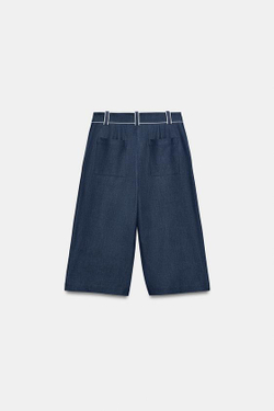 ZARA ШИРОКИЕ ШОРТЫ-БЕРМУДЫ С КОНТРАСТНОЙ ОТДЕЛКОЙ, СИНИЙ