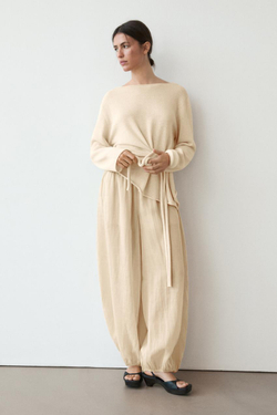 Massimo Dutti Свободные брюки-саруэль из рами, бежевый