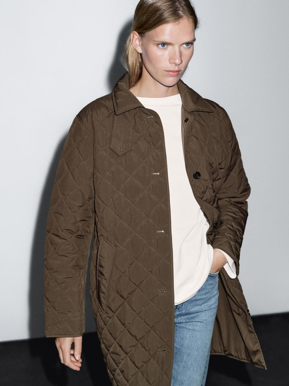 Massimo Dutti Удлиненная легкая стеганая куртка, хаки