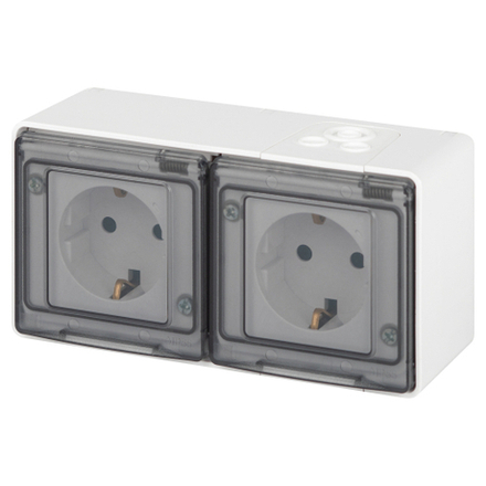 Двойная розетка с заземлением ЭРА Эксперт 11-2503-01 с крышкой 2х2P+E горизонт IP55 16A-250В ОУ белый