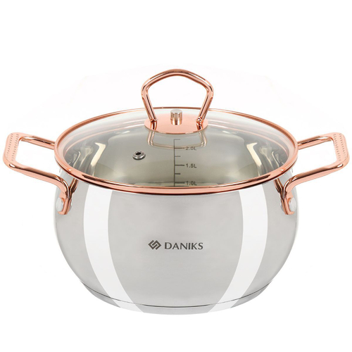 Кастрюля нерж, 2.5 л, крышка стекло, Daniks, Карлин, GS-01332G-18, индукц