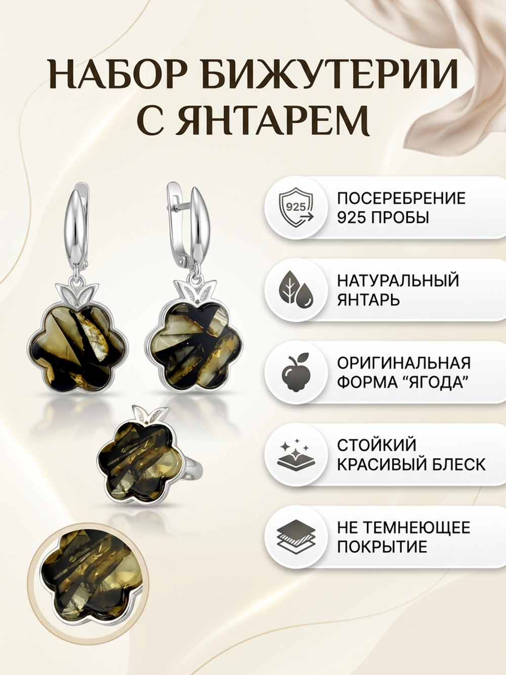 Комплект украшений с янтарём ягода пеструха черная