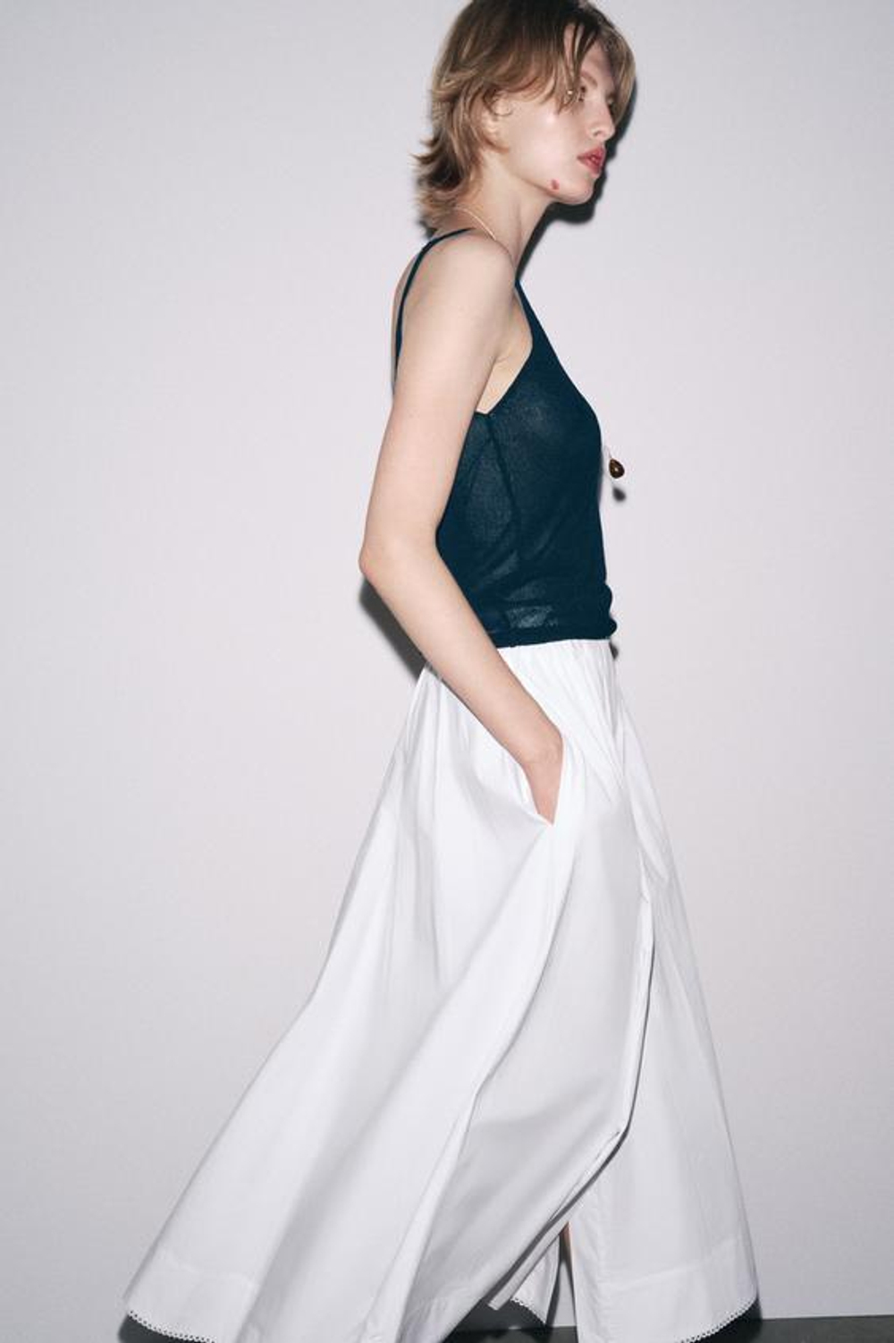 ZARA ЮБКА-МИДИ ИЗ ПОПЛИНА — ZW COLLECTION, БЕЛЫЙ