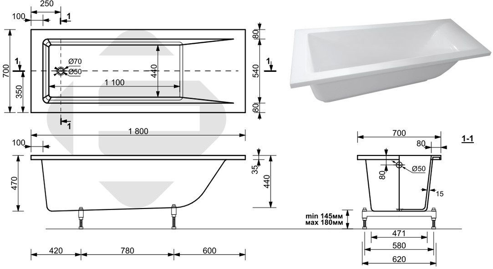 Ванна из искусственного мрамора Aquanet Bright Stone 180x70