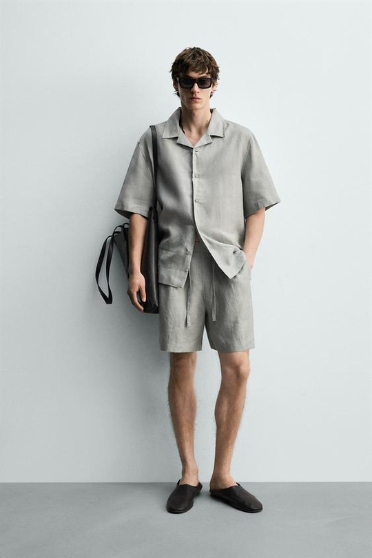 ZARA ШОРТЫ RELAXED FIT ИЗ 100% ЛЬНА, СВЕТЛО-СЕРЫЙ