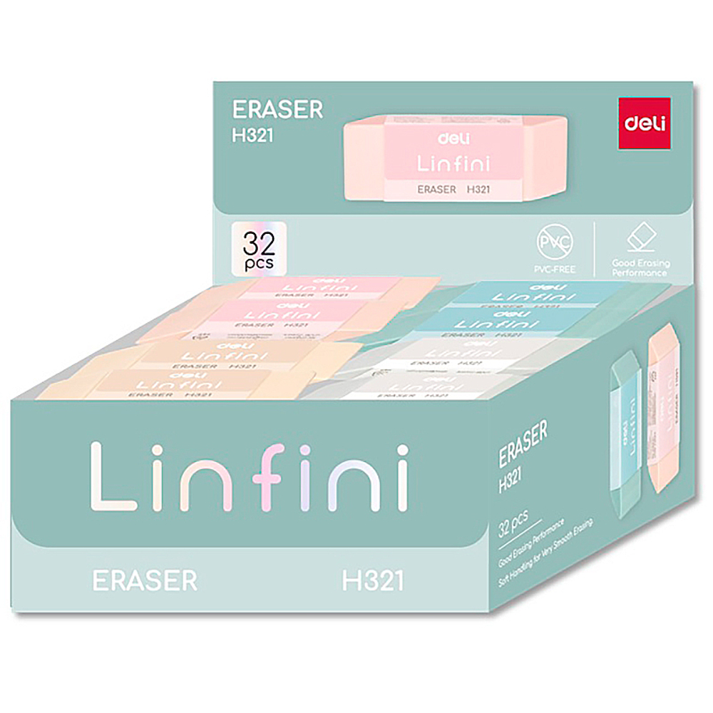 Ластик DELI "Linfini", прямоугольный, ассорти (54х20х10.5 мм)