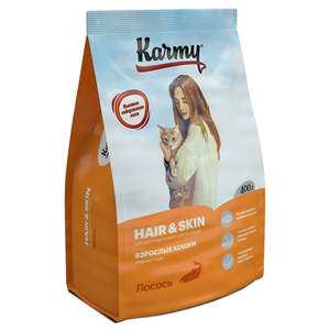 Сухой корм Karmy Hair & Skin для взрослых кошек, поддерживающий здоровье кожи и шерсти, с лососем