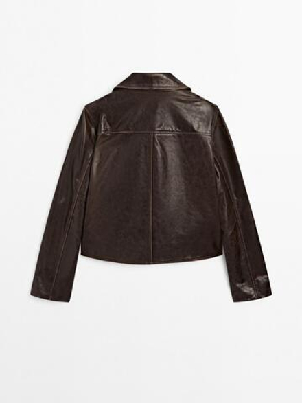 Massimo Dutti Куртка в байкерском стиле из кожи наппа, коричневый