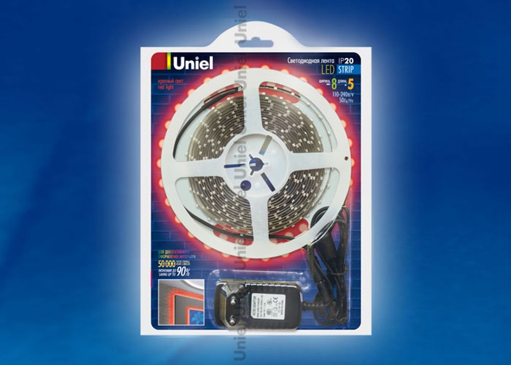 ULS-3528-60LED/m-8mm-IP20-DC12V-RED Лента светодиодная UNIEL. Серия «Готовые решения» - катушка 5 м в блистере. В комплекте с адаптером. IP20. Красный