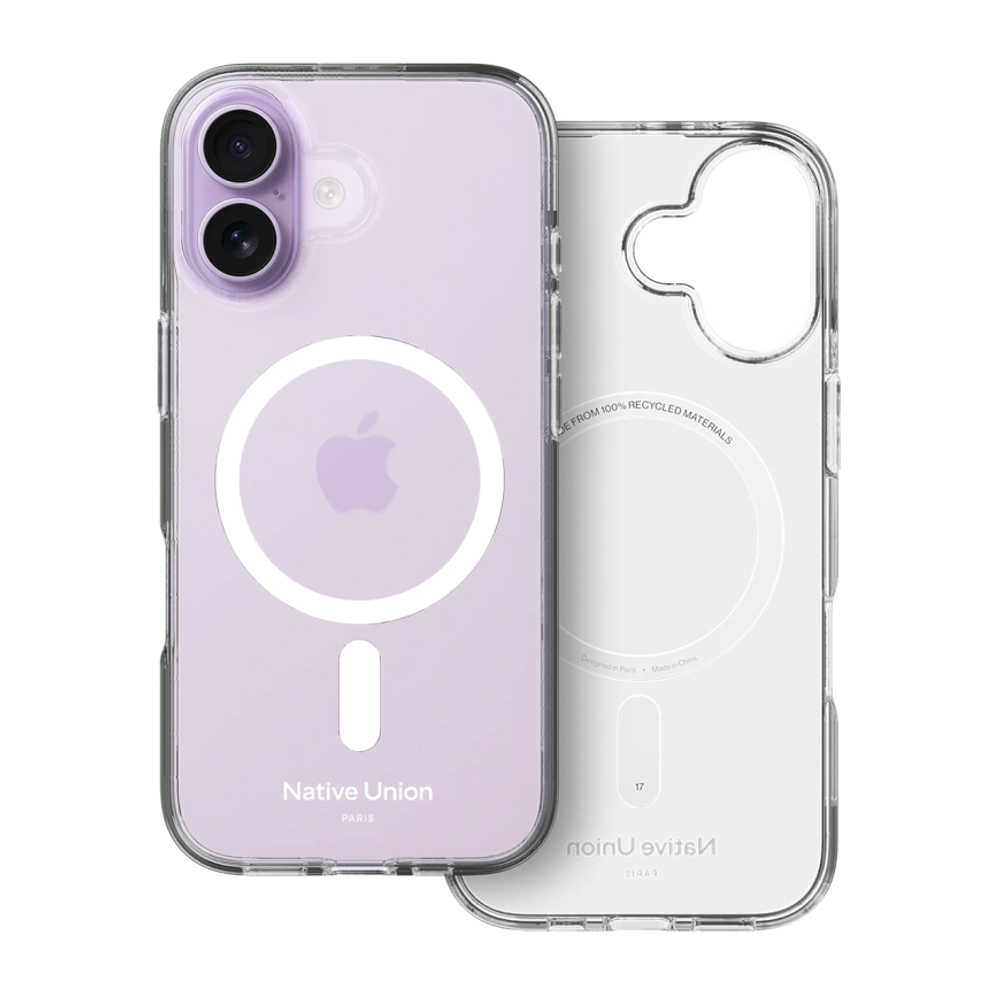 Прозрачный чехол MagSafe Native Union (Re)Clear Case для iPhone 17 Глянцевый гибридный чехол из переработанного пластика, повышенным уровнем защиты при падении и вырезом для Контроллера камеры. Производителем заявлена устойчивость к пожелтению