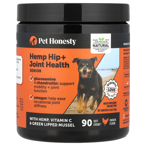 Pet Honesty, Конопля для здоровья бедра и суставов, для пожилых собак, с курицей, 90 жевательных таблеток, 270 г (9,5 унции)