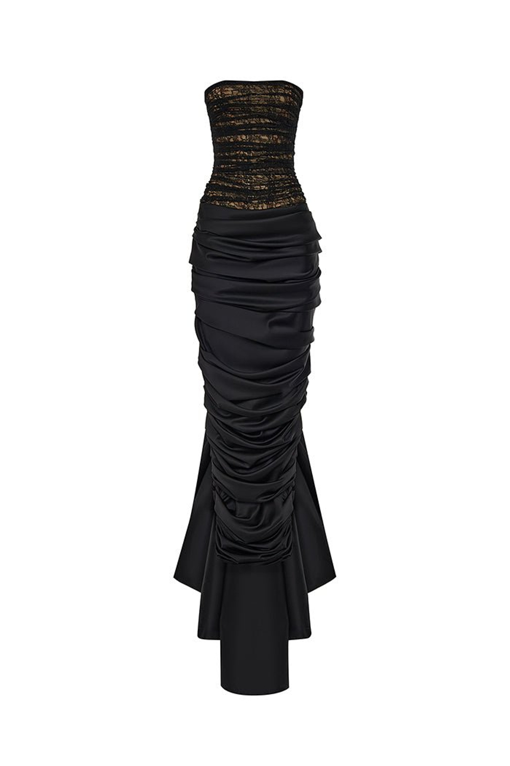 Платье макси драпированное из кружева и атласа со шлейфом