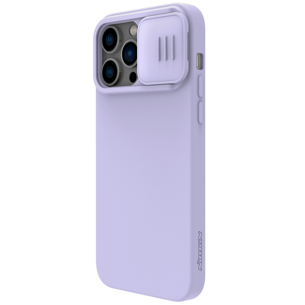 Чехол фиолетового цвета (Misty Purple) с шелковистым покрытием от Nillkin для iPhone 14 Pro Max, серия CamShield Silky Magnetic Silicone Case (поддержка беспроводной зарядки MagSafe)