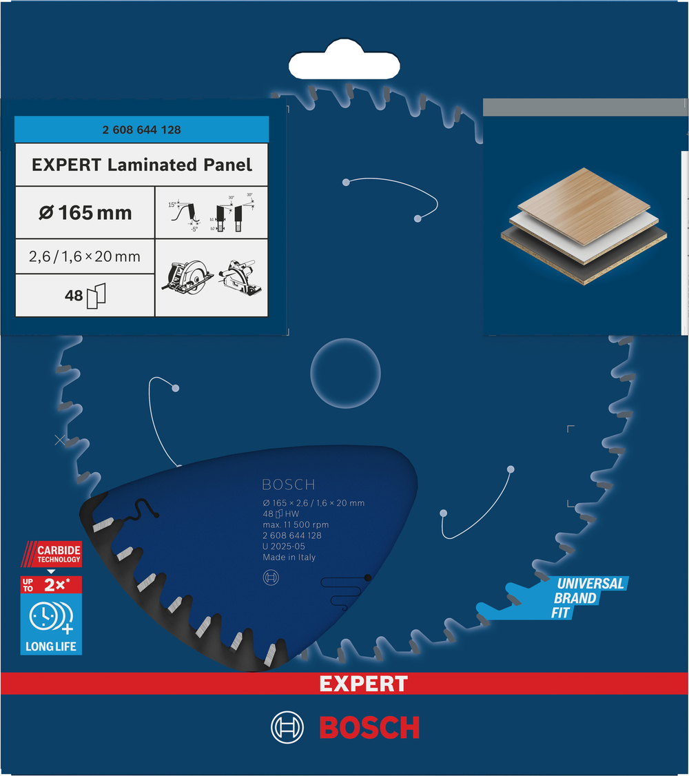 Пильный диск для ламинированных панелей (HPL) 165x20x2.6/1.6x48T BOSCH 2608644128