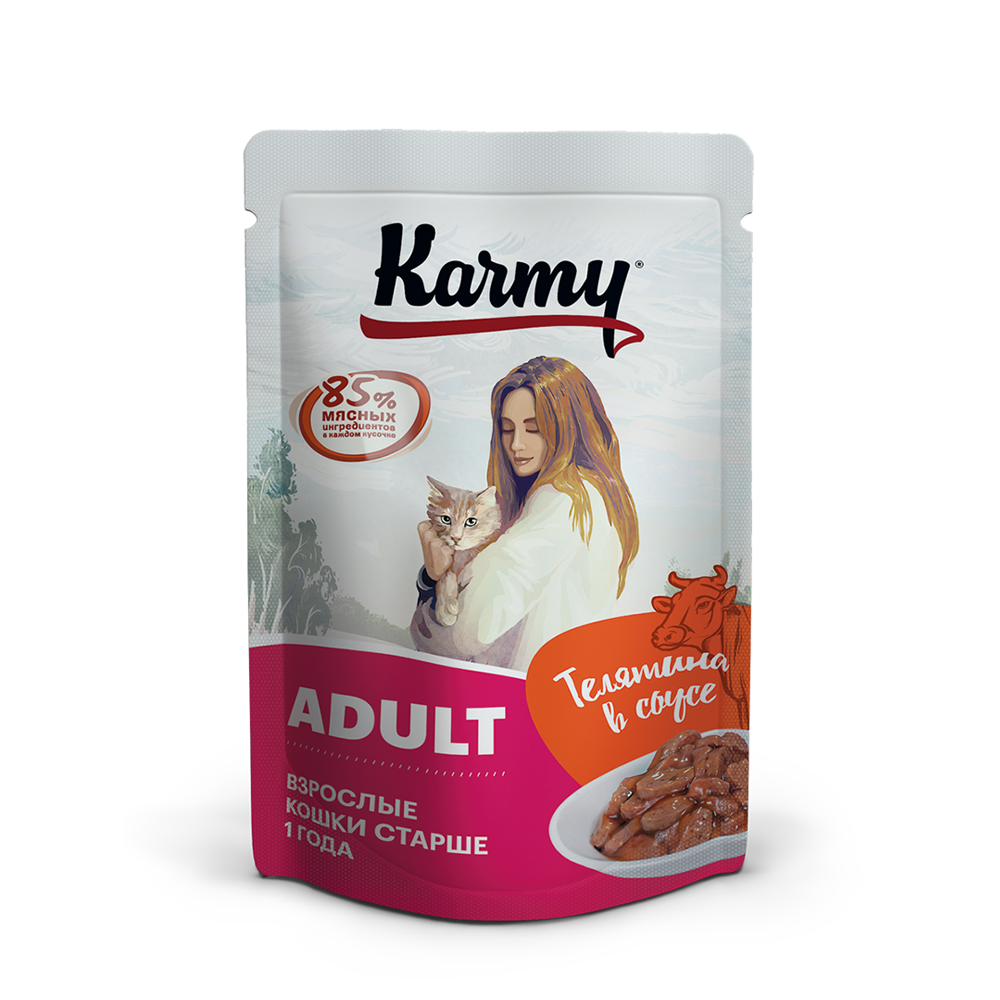 Консервированный полнорационный корм для кошек старше 1 года Karmy Adult Телятина в соусе
