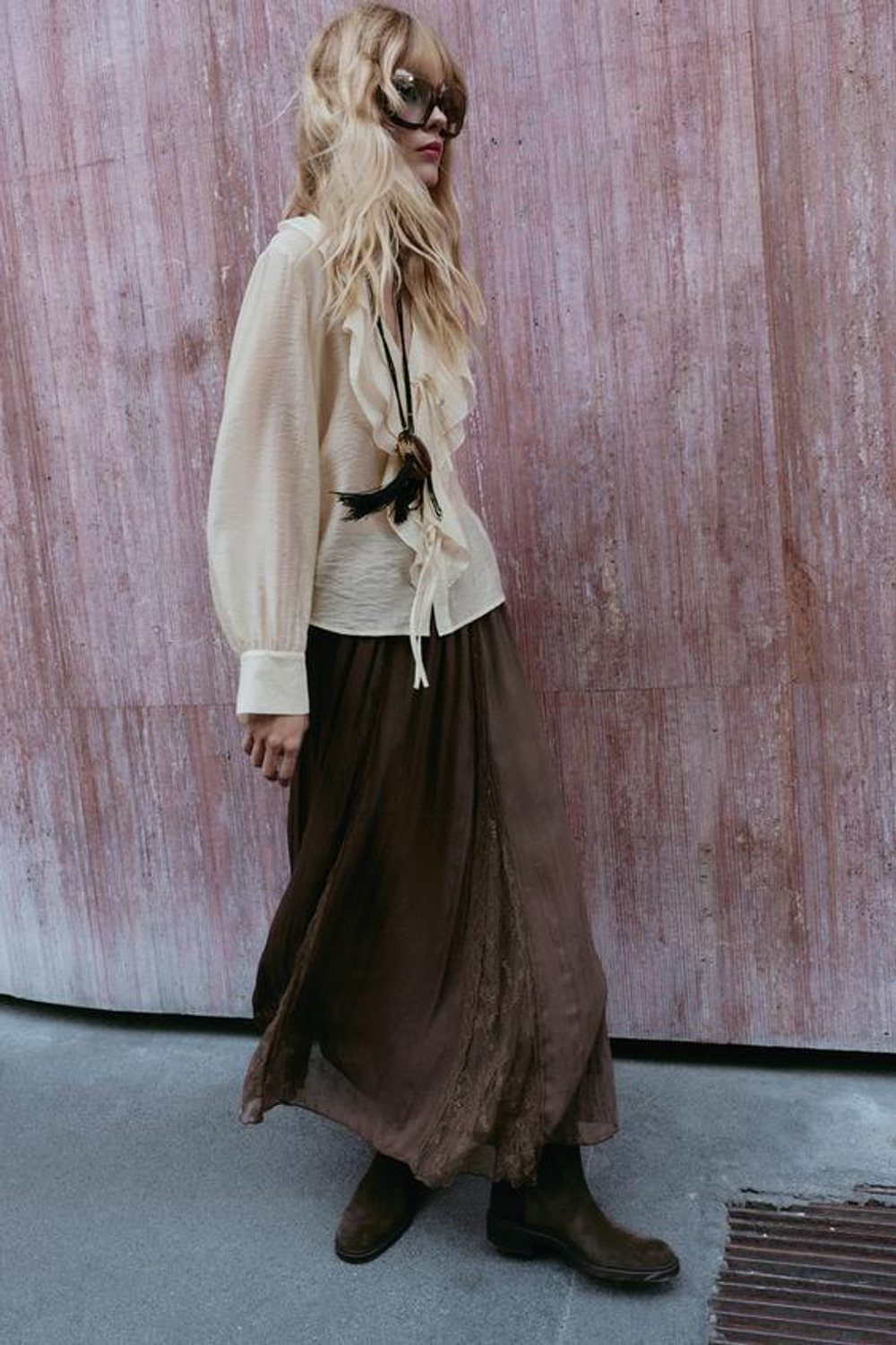 ZARA ЮБКА С КРУЖЕВНЫМИ КЛИНЬЯМИ ГОДЕ, ТЕМНО-КОРИЧНЕВЫЙ