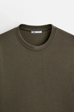 ZARA ФУТБОЛКА REGULAR FIT INTERLOCK, СЕРО-КОРИЧНЕВЫЙ